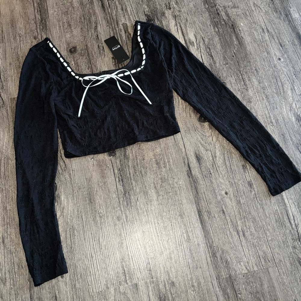 Y2K Style Privy Black Crop Top with White Feminine Accents & Bow NWT Size L